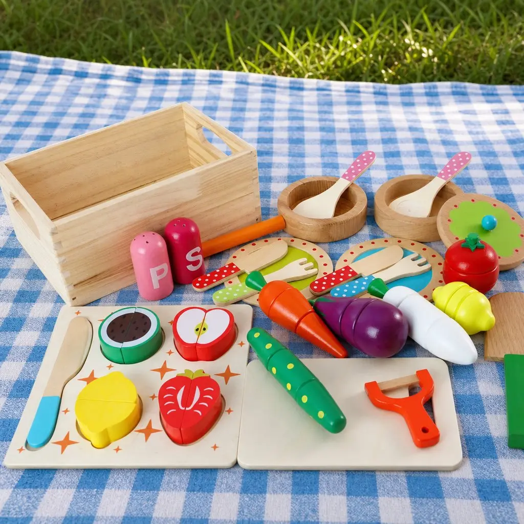 Wooden Kids Pretend Kitchen Playset with 29pc Food Set White Pink Princess Style