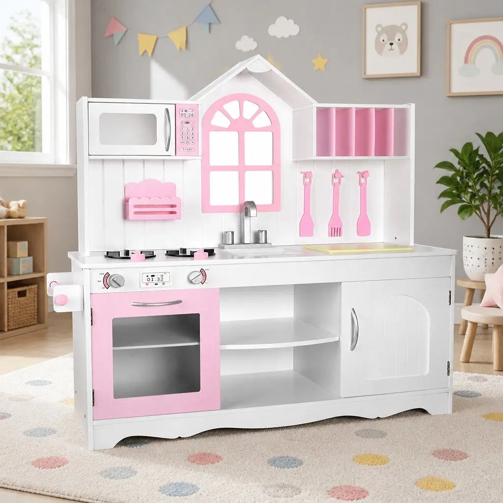 Kids Wooden Kitchen Play Set Princess Role Play Cooking Pretend Toys Storage