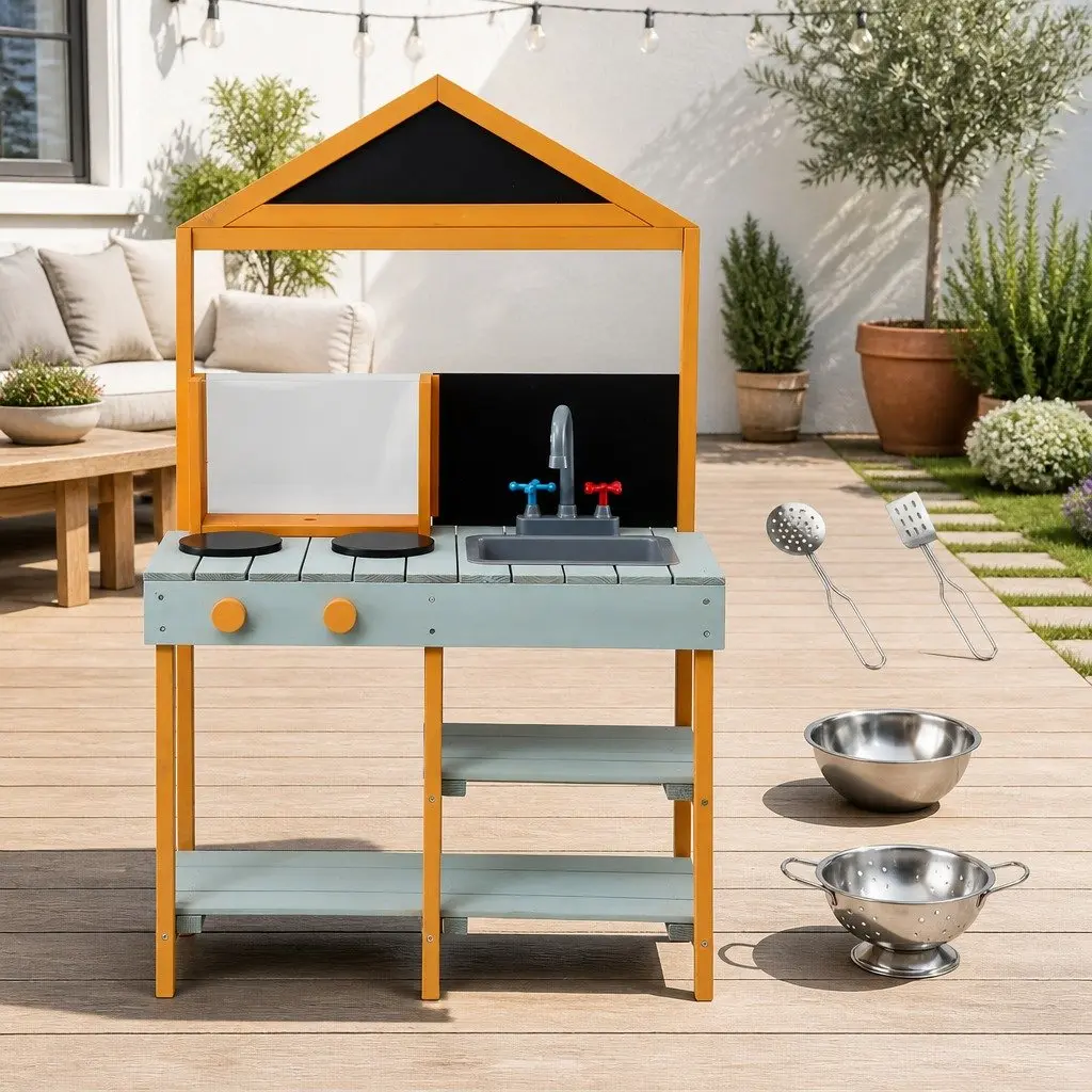 Kids Kitchen Playset Multicolored 110cm Wooden Outdoor Pretend Cooking Station