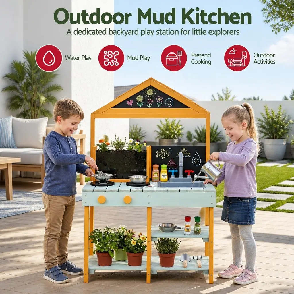 Kids Kitchen Playset Multicolored 110cm Wooden Outdoor Pretend Cooking Station