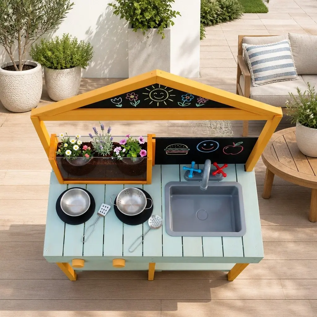 Kids Kitchen Playset Multicolored 110cm Wooden Outdoor Pretend Cooking Station