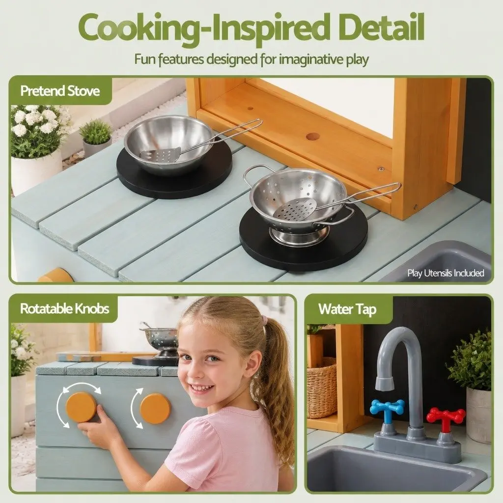 Kids Kitchen Playset Multicolored 110cm Wooden Outdoor Pretend Cooking Station
