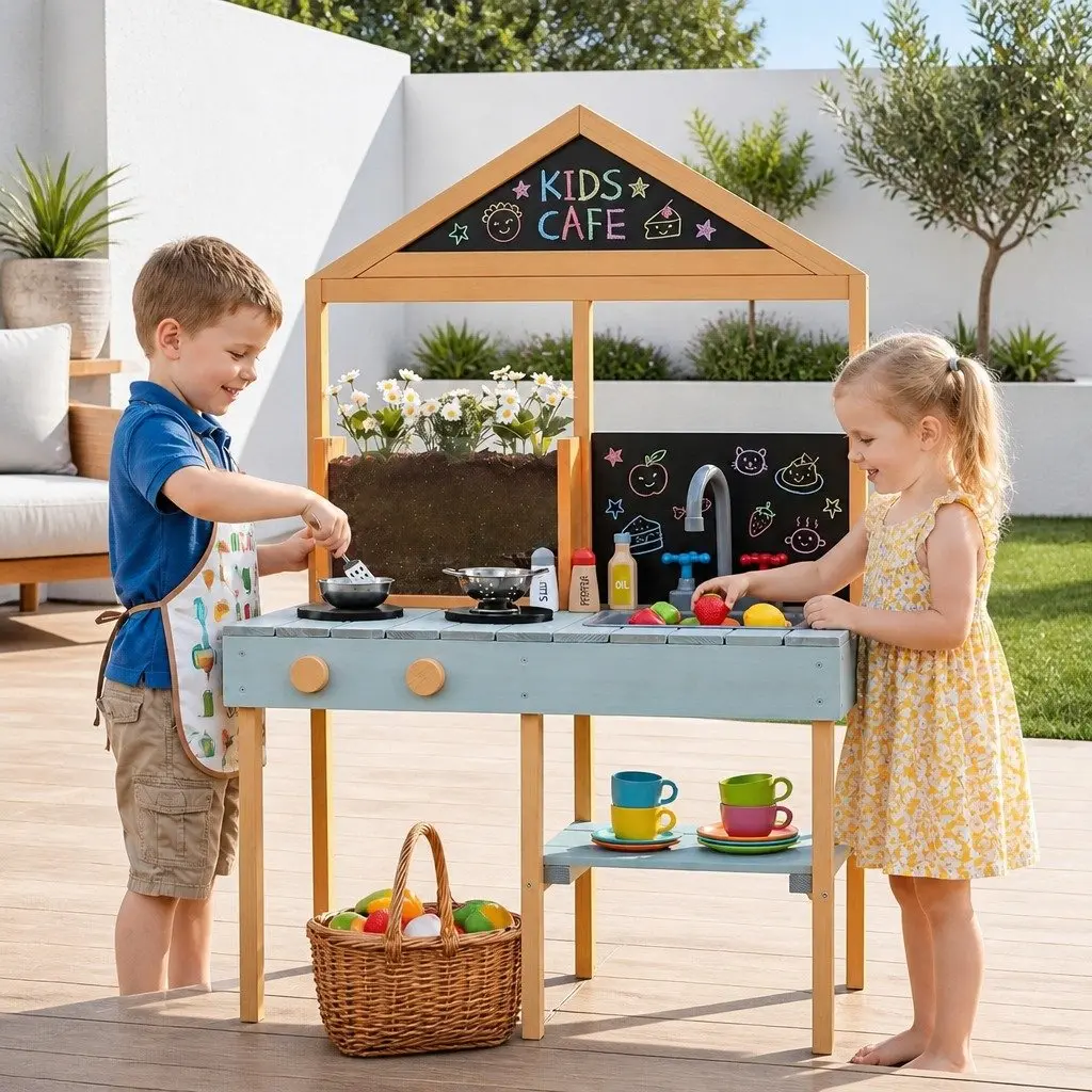 Kids Kitchen Playset Multicolored 110cm Wooden Outdoor Pretend Cooking Station