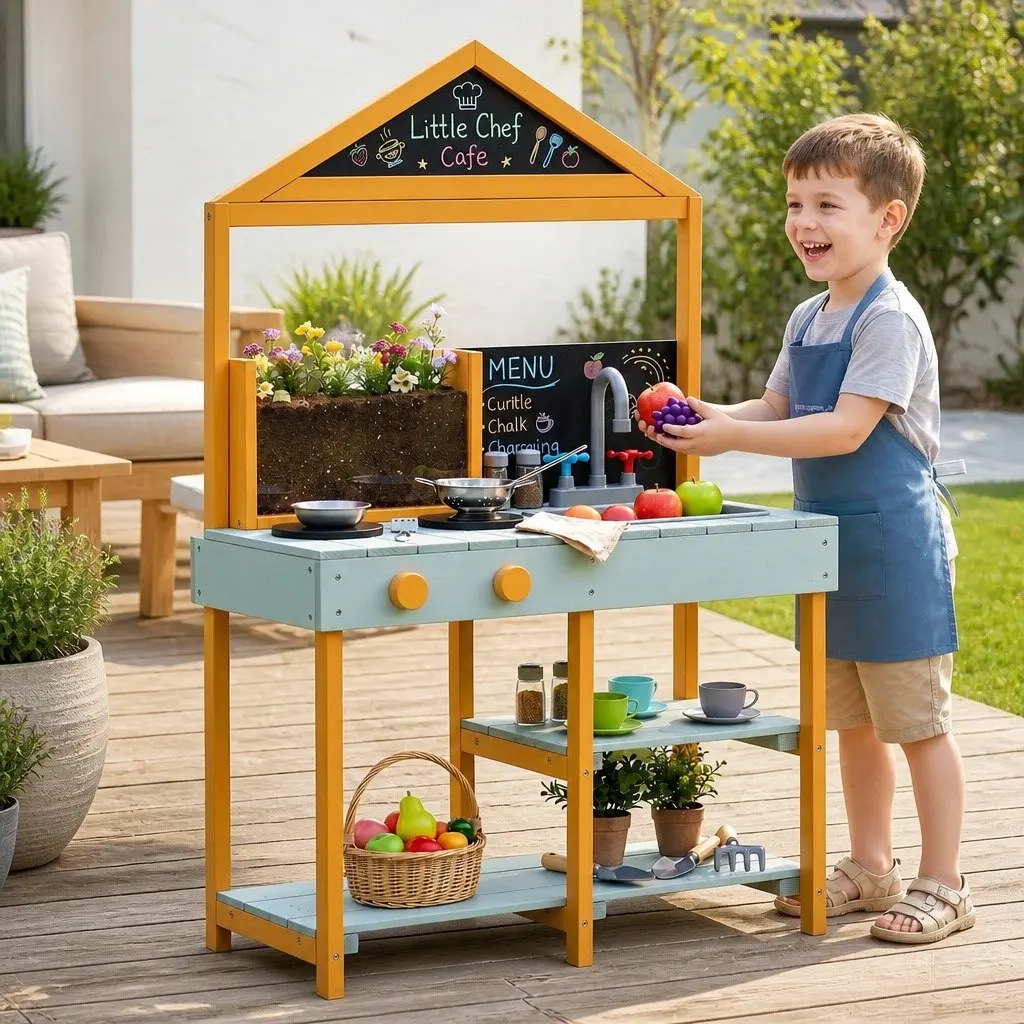 Kids Kitchen Playset Multicolored 110cm Wooden Outdoor Pretend Cooking Station