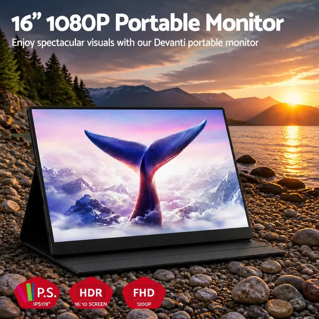 Portable Monitor Black 16 Inch USB C Dual Screen Travel Display