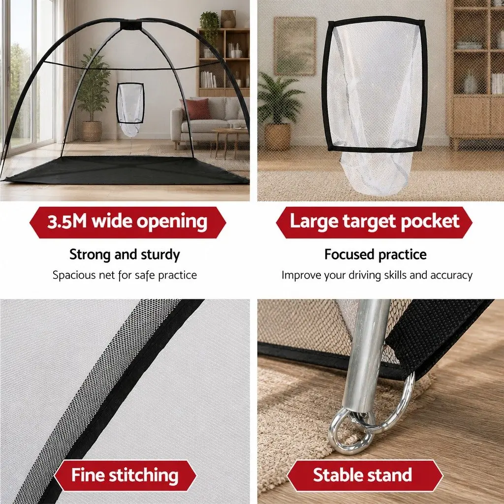 Golf Practice Net Black 3.5m Portable Training Aid with Large Target Pocket for Indoor and Outdoor Use
