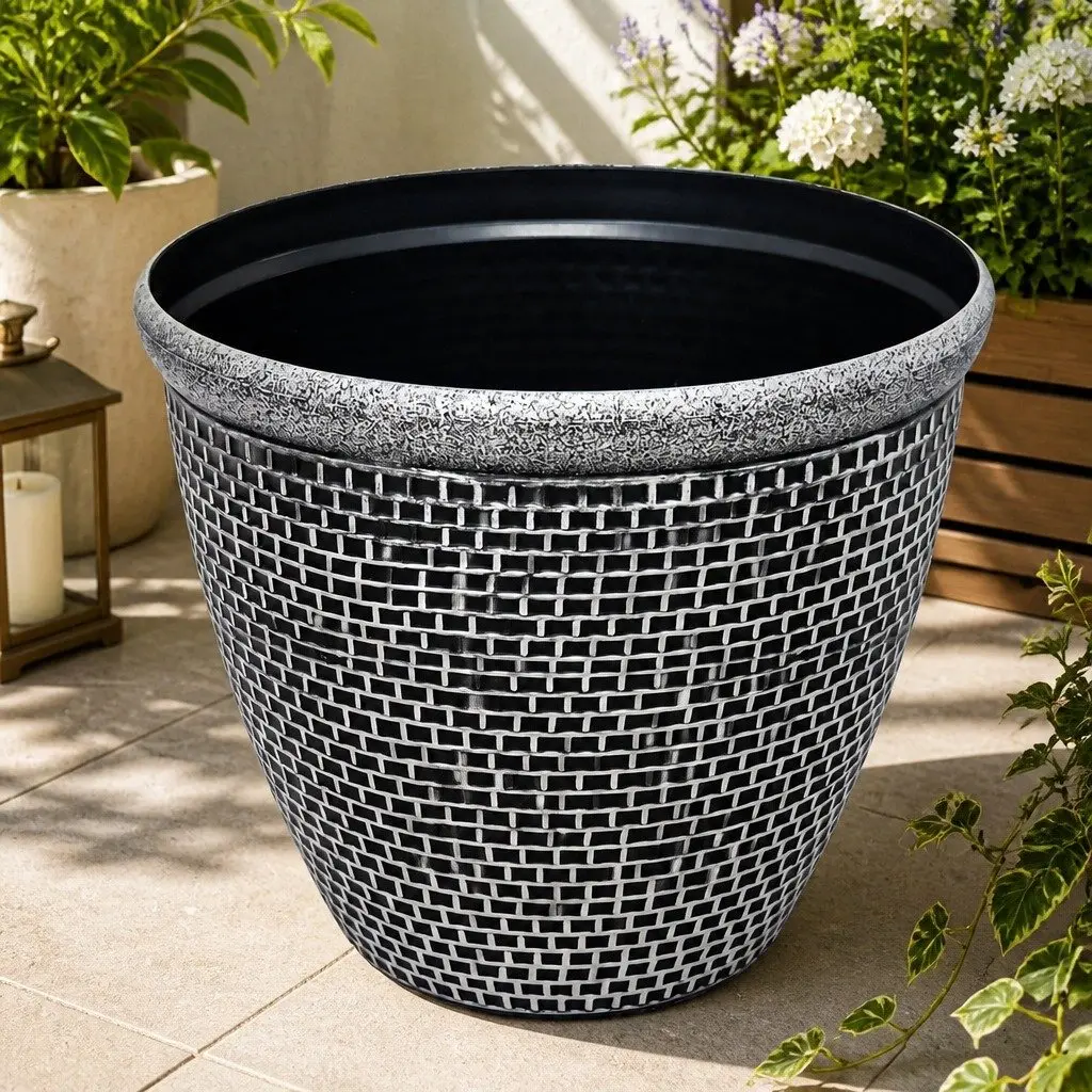 Plastic Plant Pots Black Grey 30cm Weather Resistant Set 2 Pcs Drainage Holes