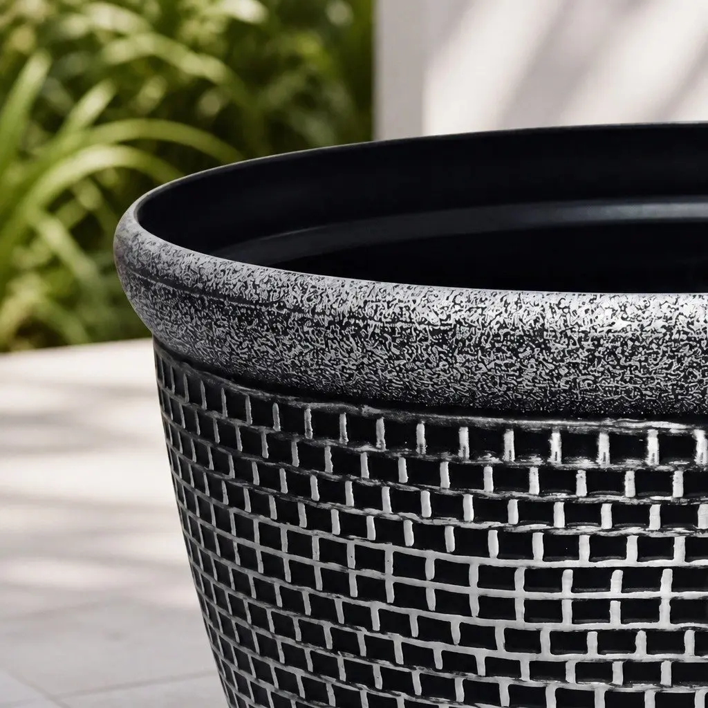 Plastic Plant Pots Black Grey 30cm Weather Resistant Set 2 Pcs Drainage Holes