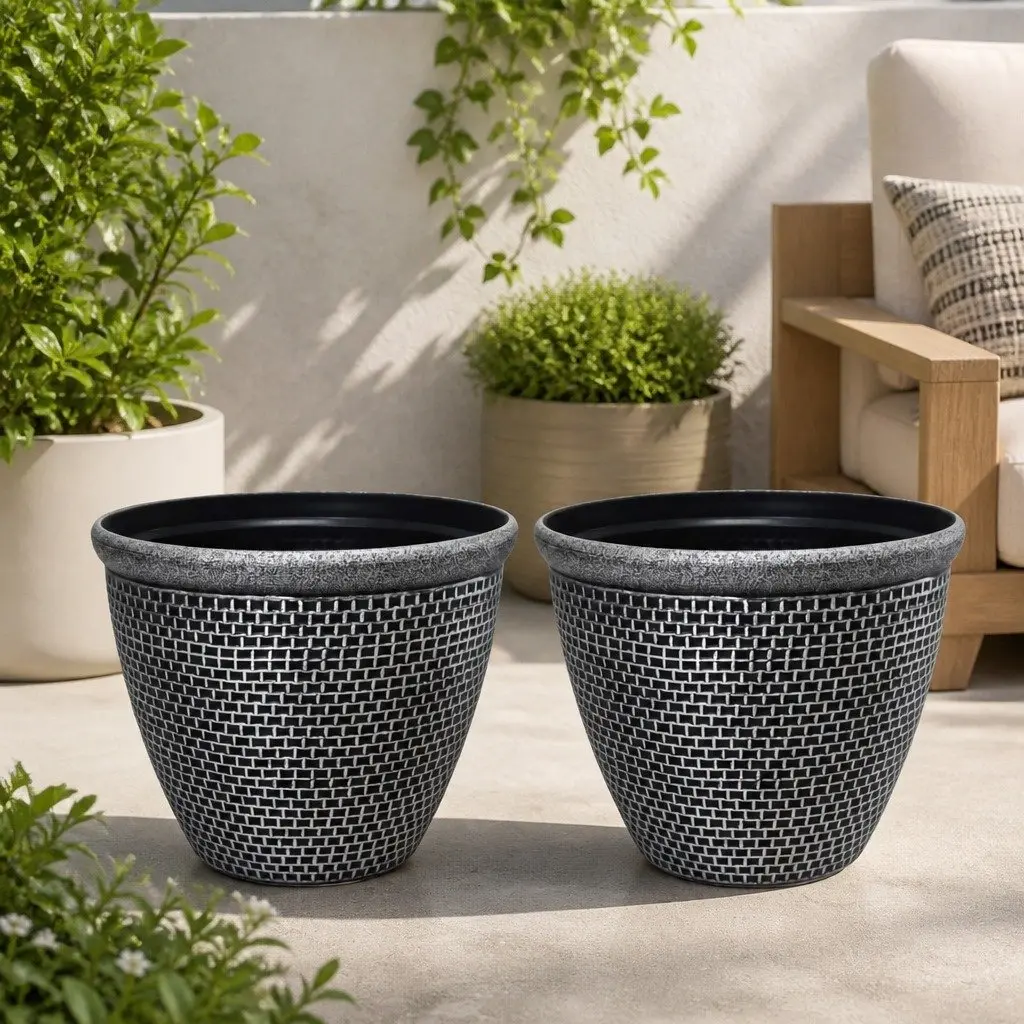 Plastic Plant Pots Black Grey 30cm Weather Resistant Set 2 Pcs Drainage Holes