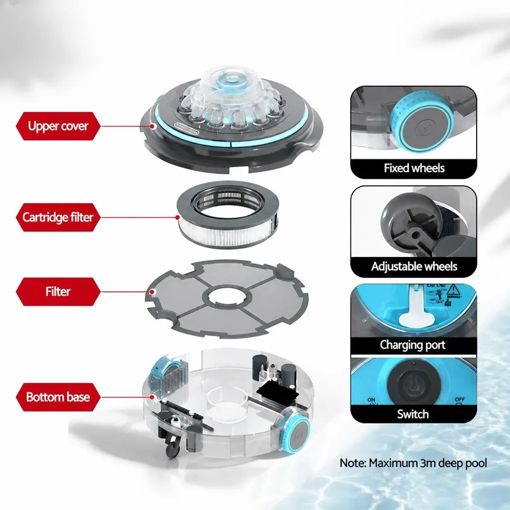 Robotic Pool Cleaner Grey Cordless Automatic Vacuum with Smart Cleaning Technology for Above Ground and Small In Ground Pools