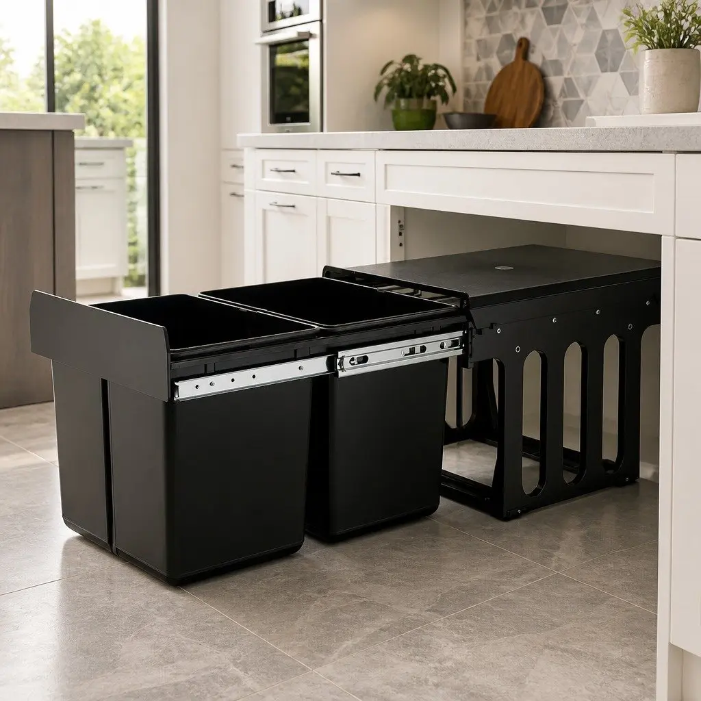 Pull Out Bin Black 2 Compartment 15L Kitchen Under Bench Waste Organizer