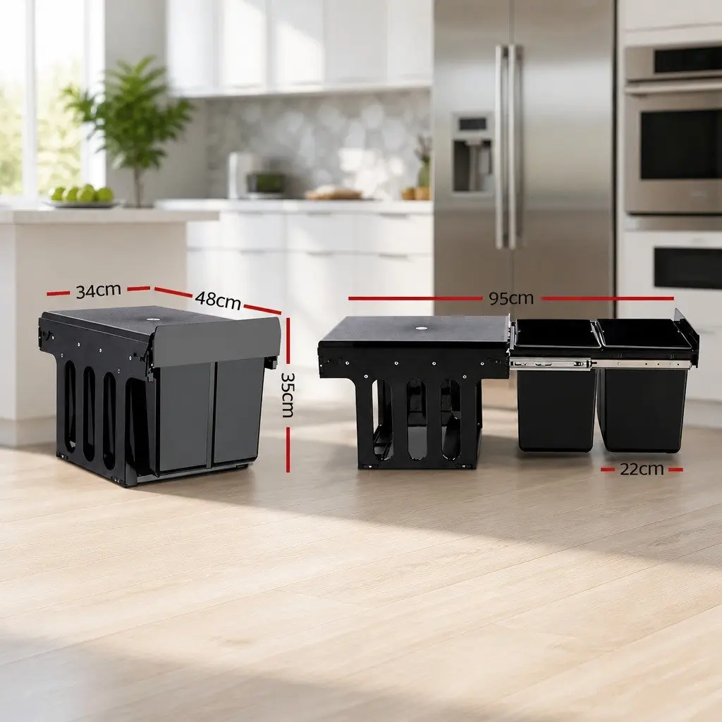 Pull Out Bin Black 2 Compartment 15L Kitchen Under Bench Waste Organizer