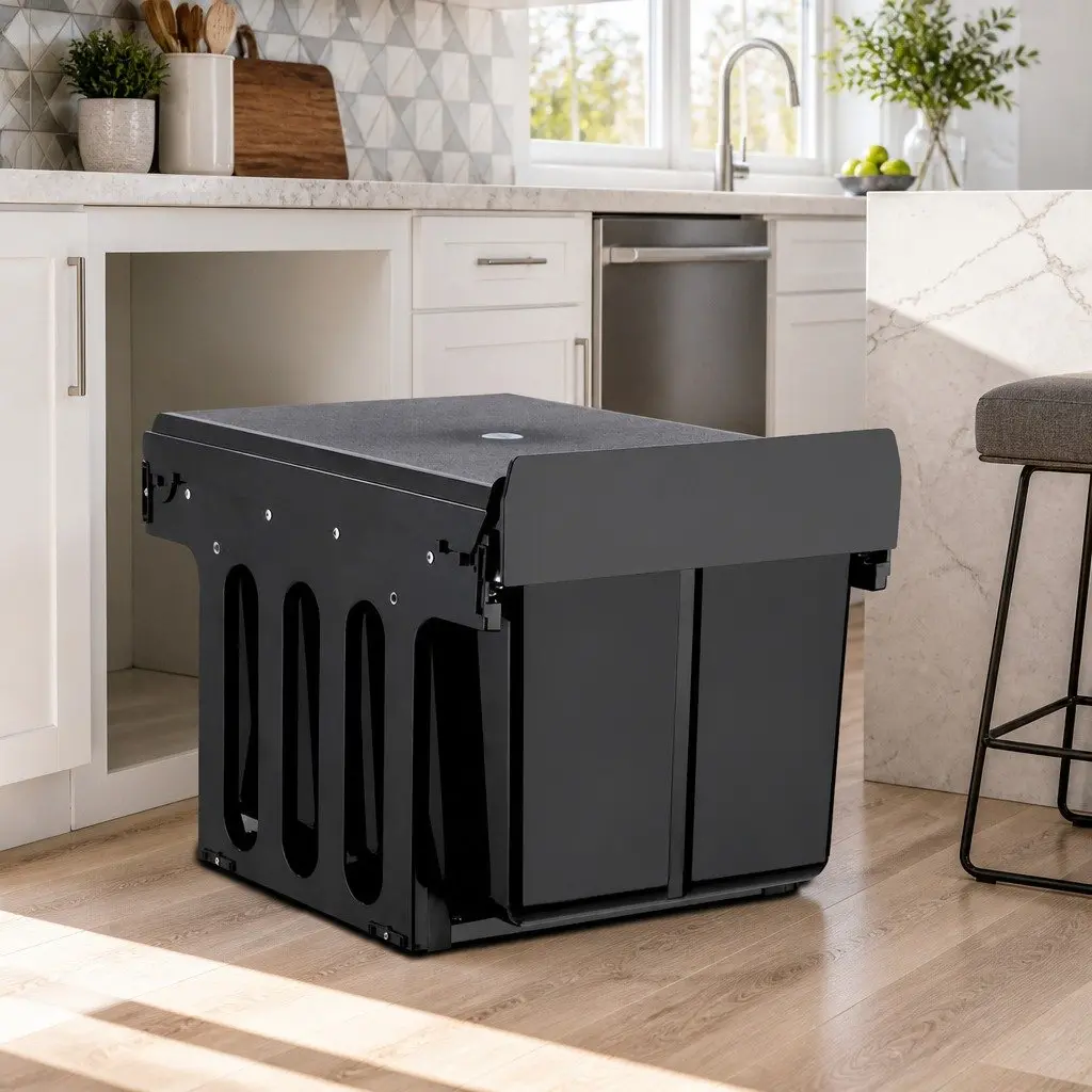 Pull Out Bin Black 2 Compartment 15L Kitchen Under Bench Waste Organizer