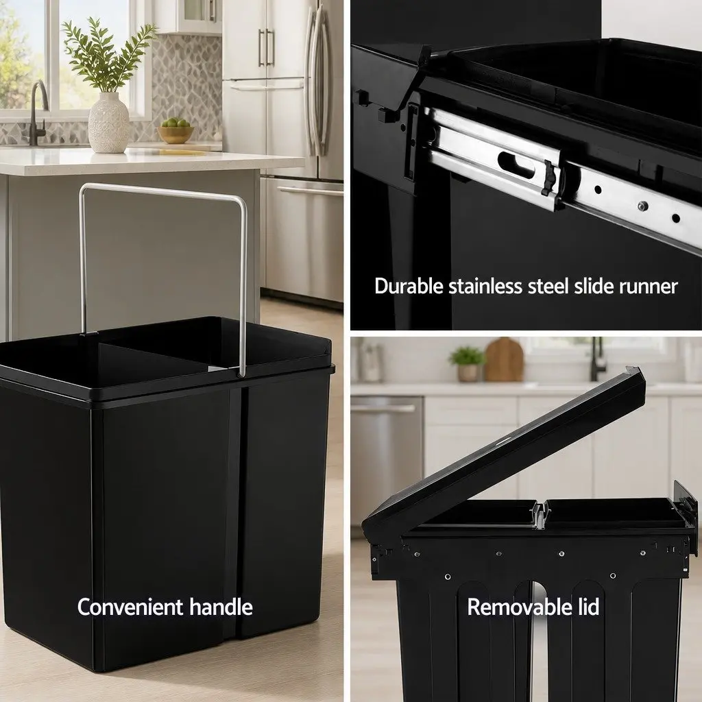 Pull Out Bin Black 2 Compartment 15L Kitchen Under Bench Waste Organizer