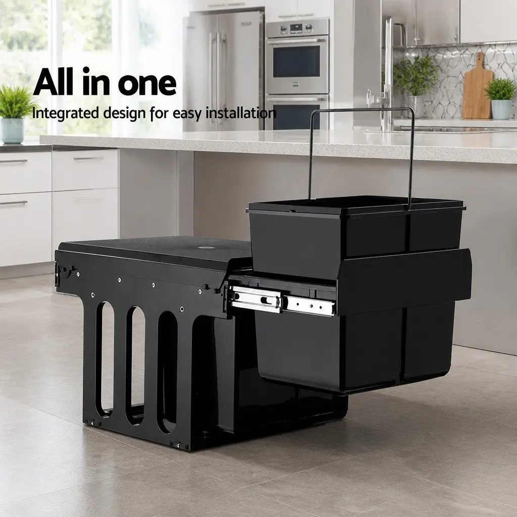 Pull Out Bin Black 2 Compartment 15L Kitchen Under Bench Waste Organizer