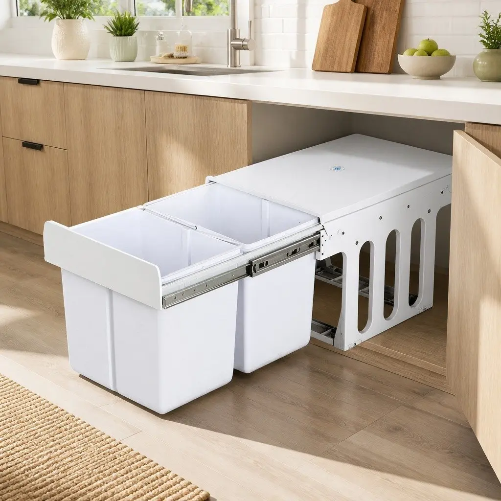 Pull Out Kitchen Waste Bin White 2x15L Double Compartment Sliding Cabinet Organiser