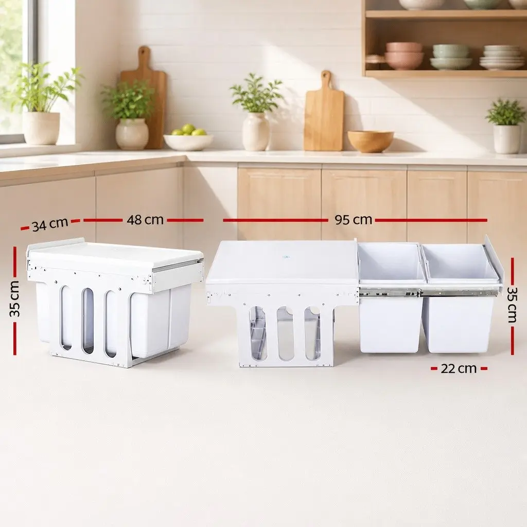 Pull Out Kitchen Waste Bin White 2x15L Double Compartment Sliding Cabinet Organiser