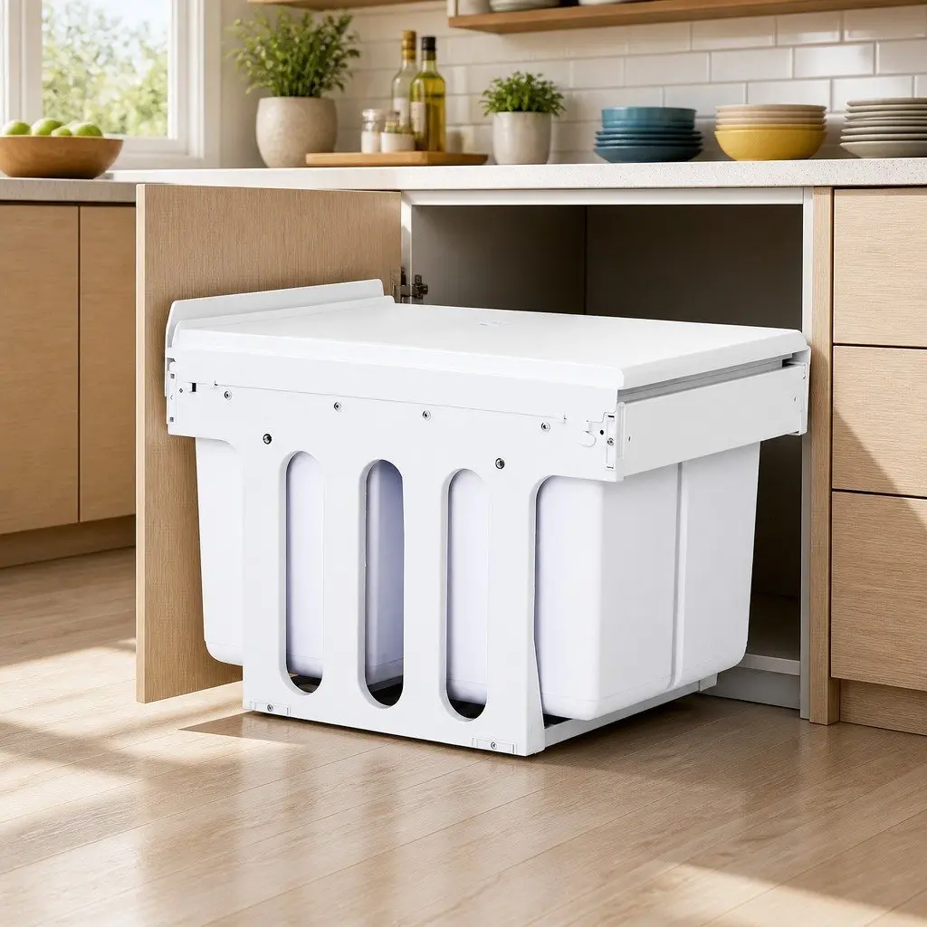Pull Out Kitchen Waste Bin White 2x15L Double Compartment Sliding Cabinet Organiser