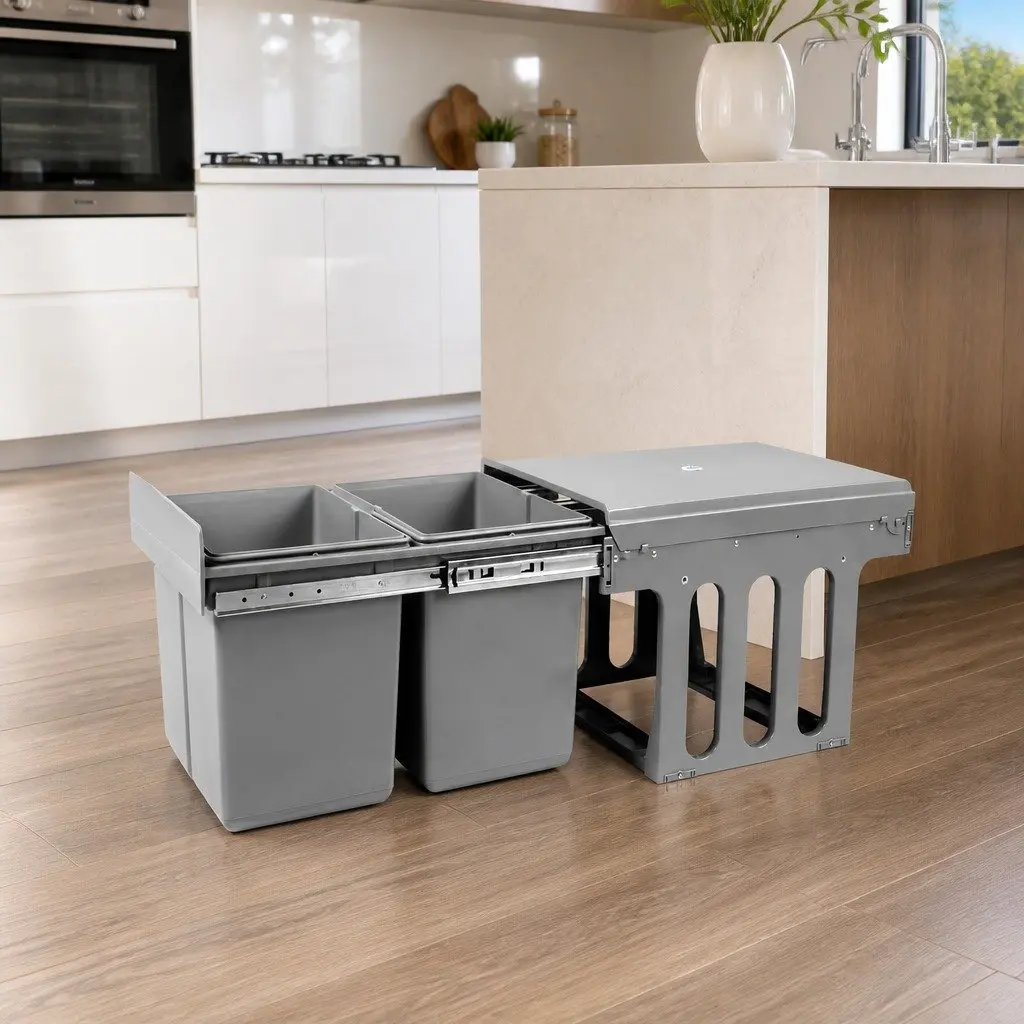 Pull Out Bin Grey 2x15L Kitchen Waste Cabinet Storage Sliding