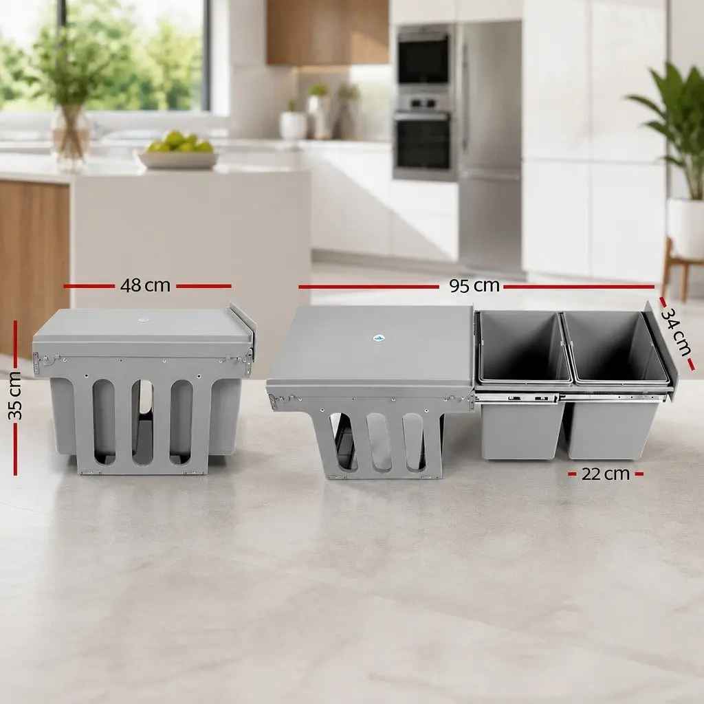 Pull Out Bin Grey 2x15L Kitchen Waste Cabinet Storage Sliding