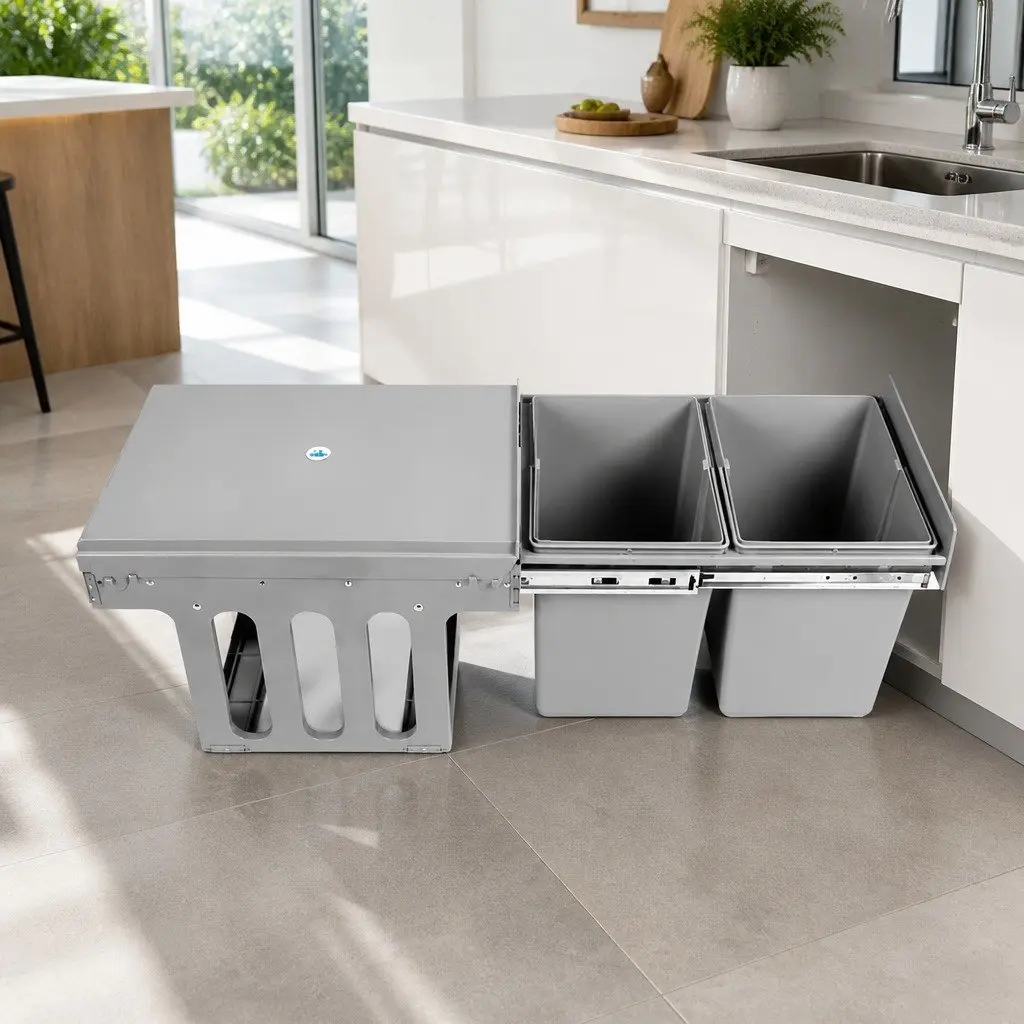 Pull Out Bin Grey 2x15L Kitchen Waste Cabinet Storage Sliding