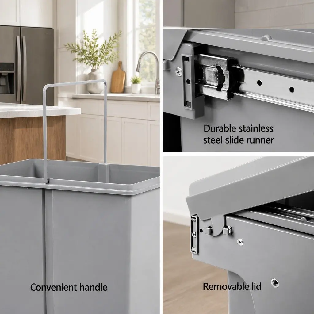 Pull Out Bin Grey 2x15L Kitchen Waste Cabinet Storage Sliding