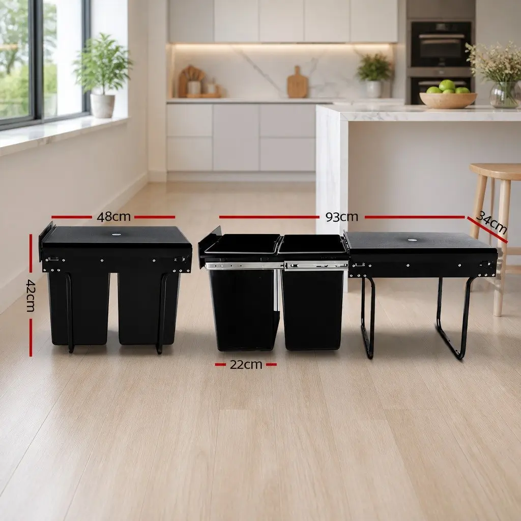 Pull Out Bin Black 2x20L Kitchen Waste Storage Cabinet Organizer