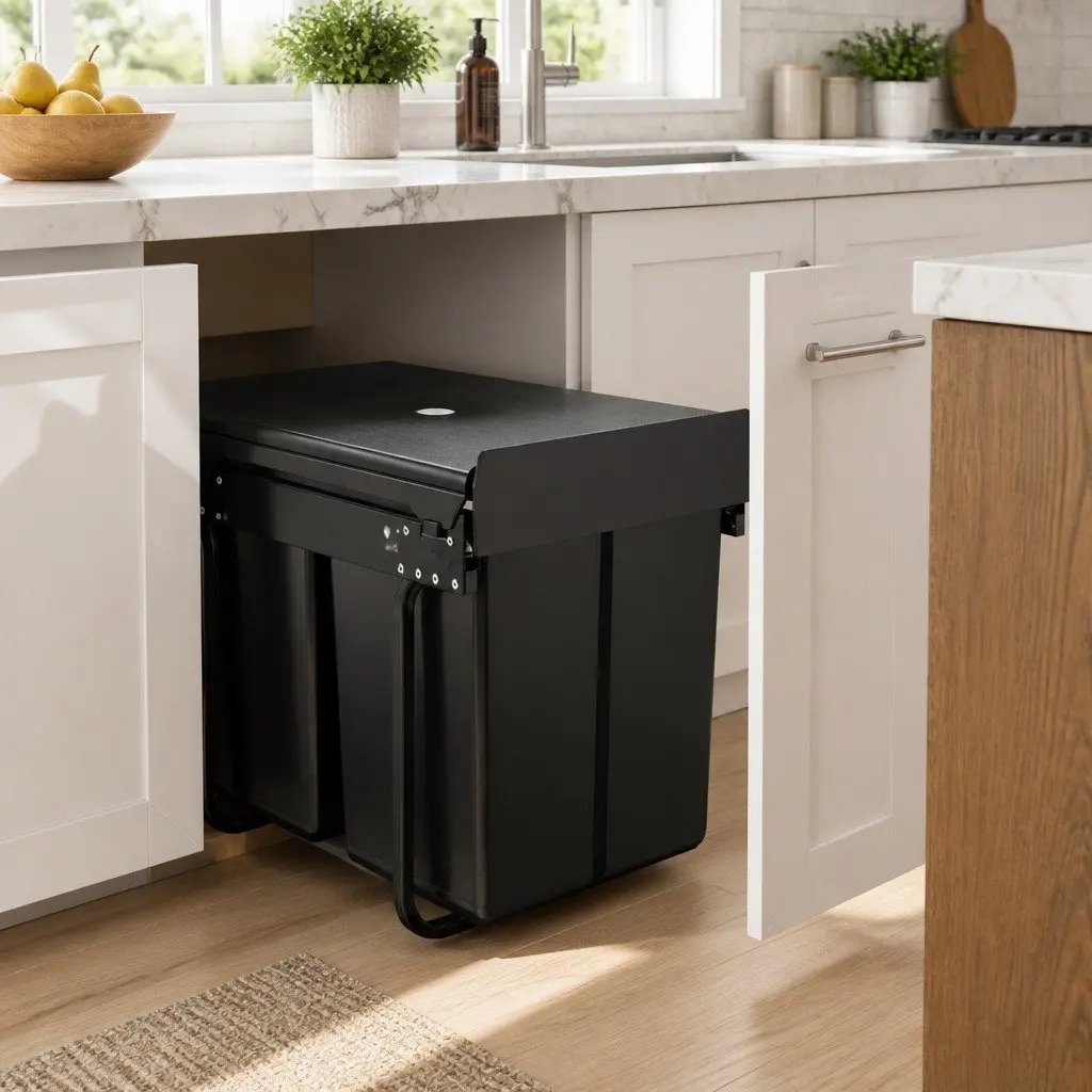 Pull Out Bin Black 2x20L Kitchen Waste Storage Cabinet Organizer