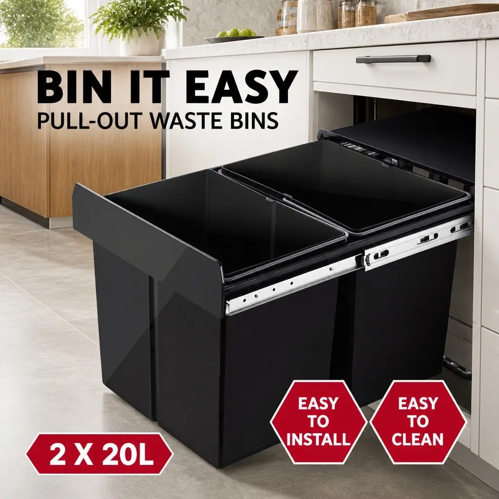 Pull Out Bin Black 2x20L Kitchen Waste Storage Cabinet Organizer