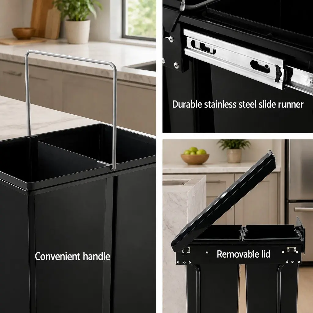 Pull Out Bin Black 2x20L Kitchen Waste Storage Cabinet Organizer