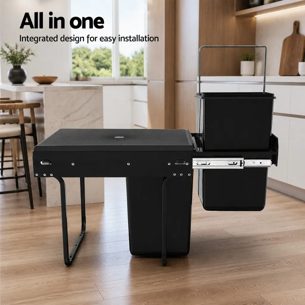 Pull Out Bin Black 2x20L Kitchen Waste Storage Cabinet Organizer