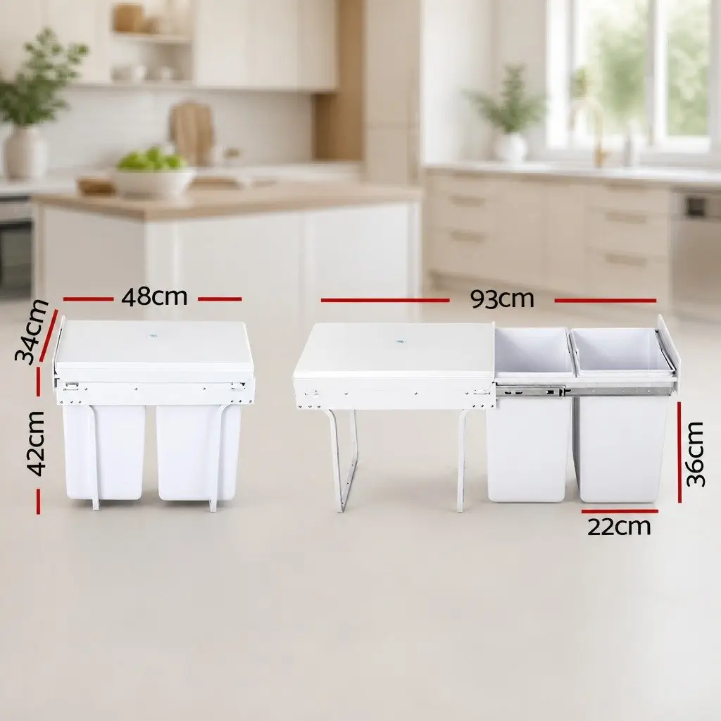 Pull Out Bin White 2x20L Under Bench Waste Organizer Dual Compartment