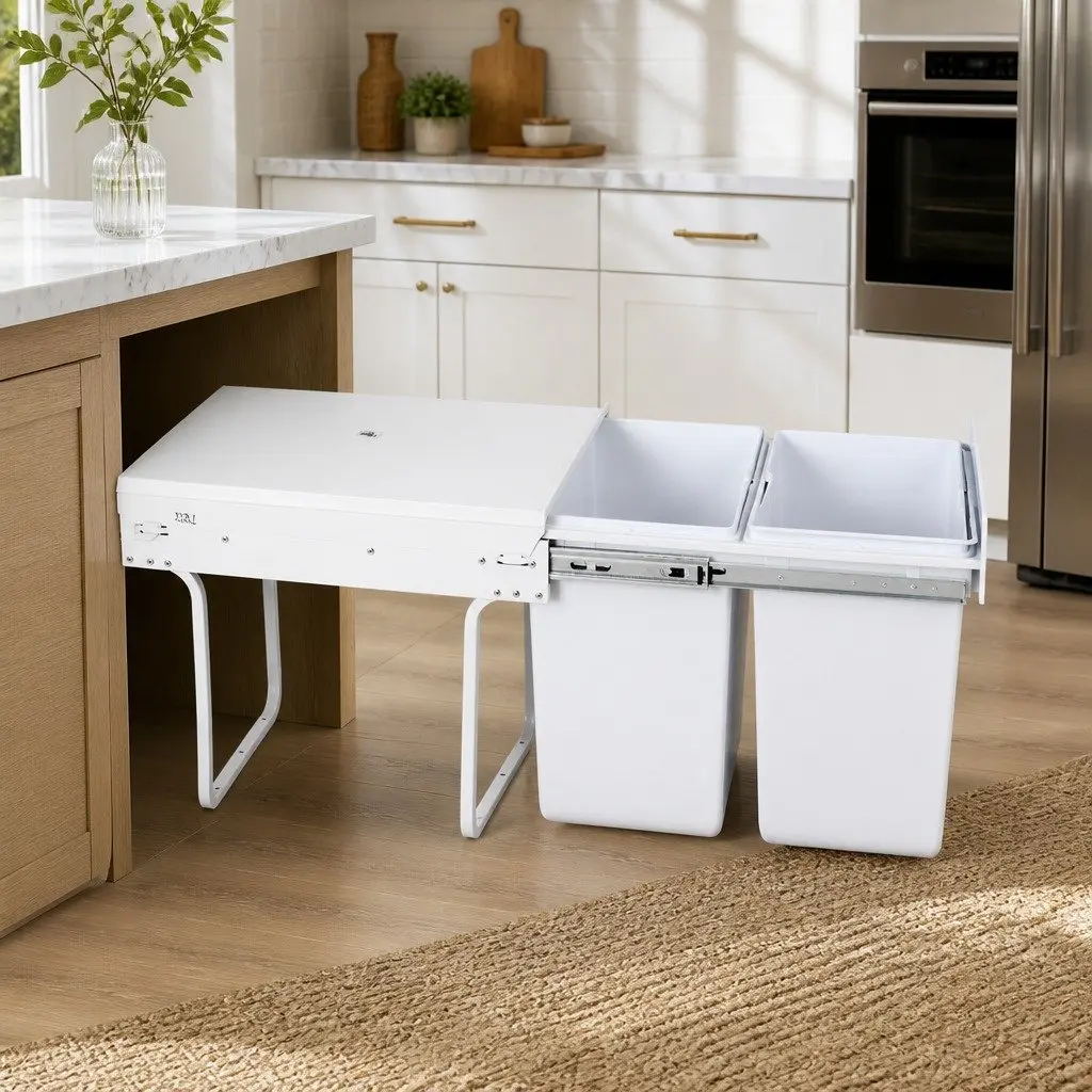 Pull Out Bin White 2x20L Under Bench Waste Organizer Dual Compartment