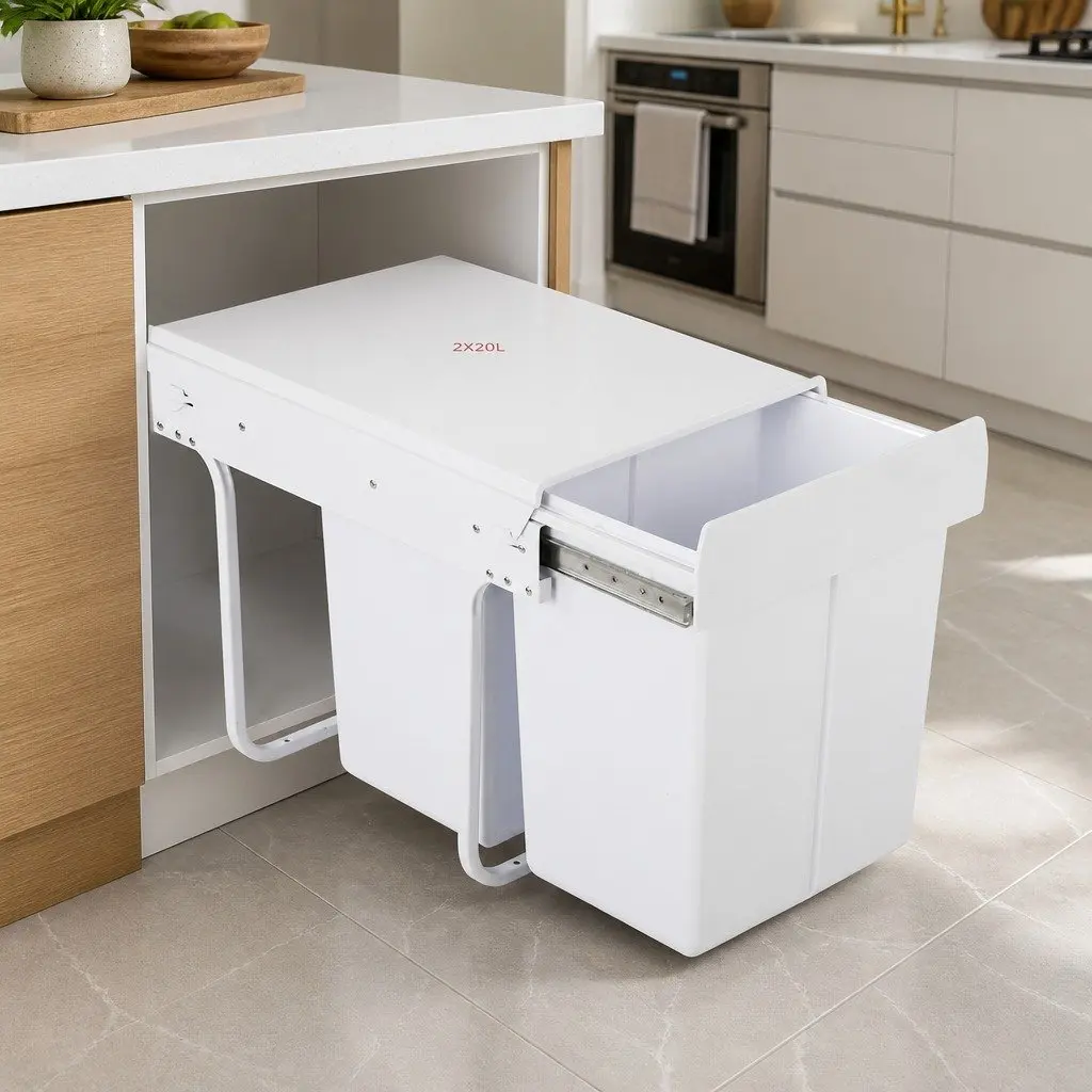 Pull Out Bin White 2x20L Under Bench Waste Organizer Dual Compartment