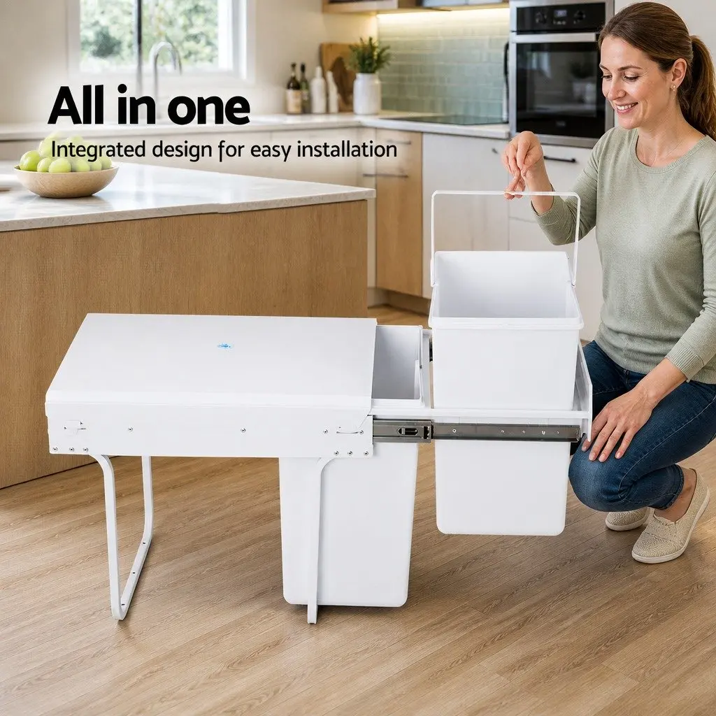 Pull Out Bin White 2x20L Under Bench Waste Organizer Dual Compartment