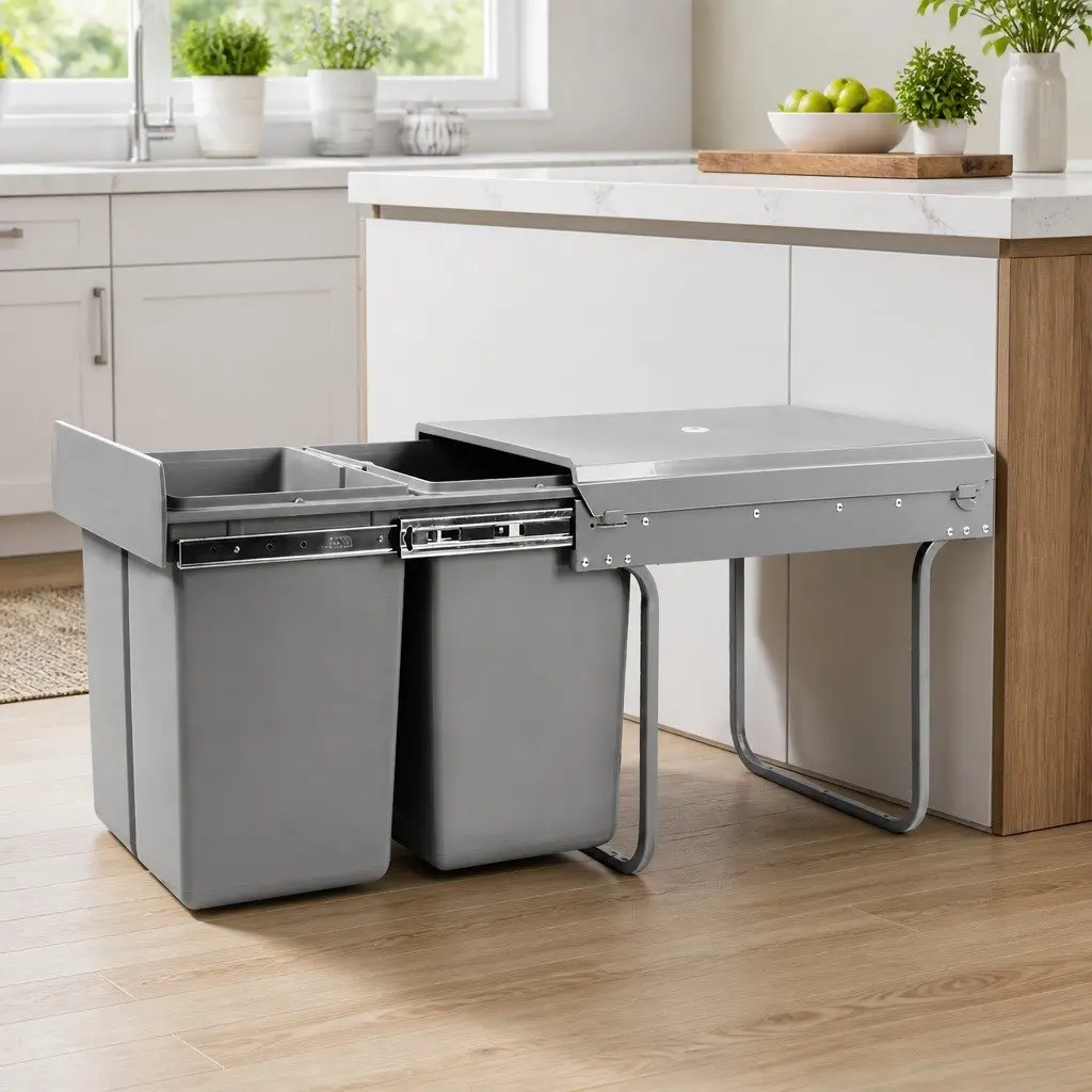 Pull Out Bin Grey 2x20L Dual Compartment Under Bench Waste Organiser