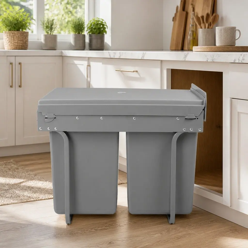 Pull Out Bin Grey 2x20L Dual Compartment Under Bench Waste Organiser