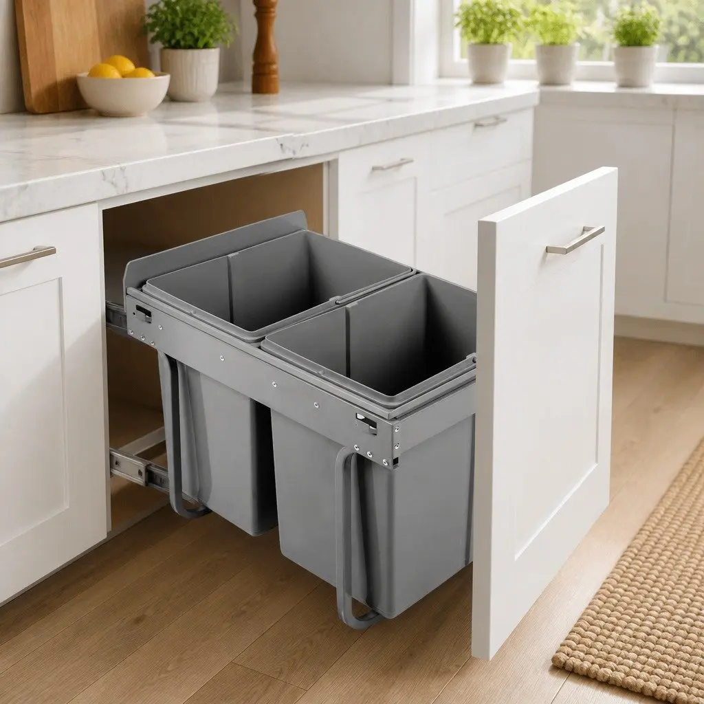 Pull Out Bin Grey 2x20L Dual Compartment Under Bench Waste Organiser