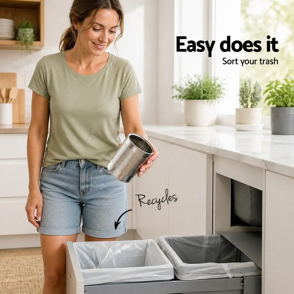 Pull Out Bin Grey 2x20L Dual Compartment Under Bench Waste Organiser