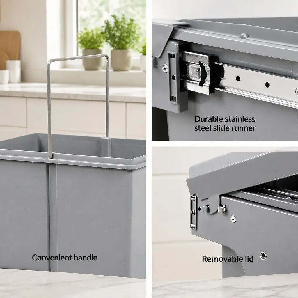 Pull Out Bin Grey 2x20L Dual Compartment Under Bench Waste Organiser
