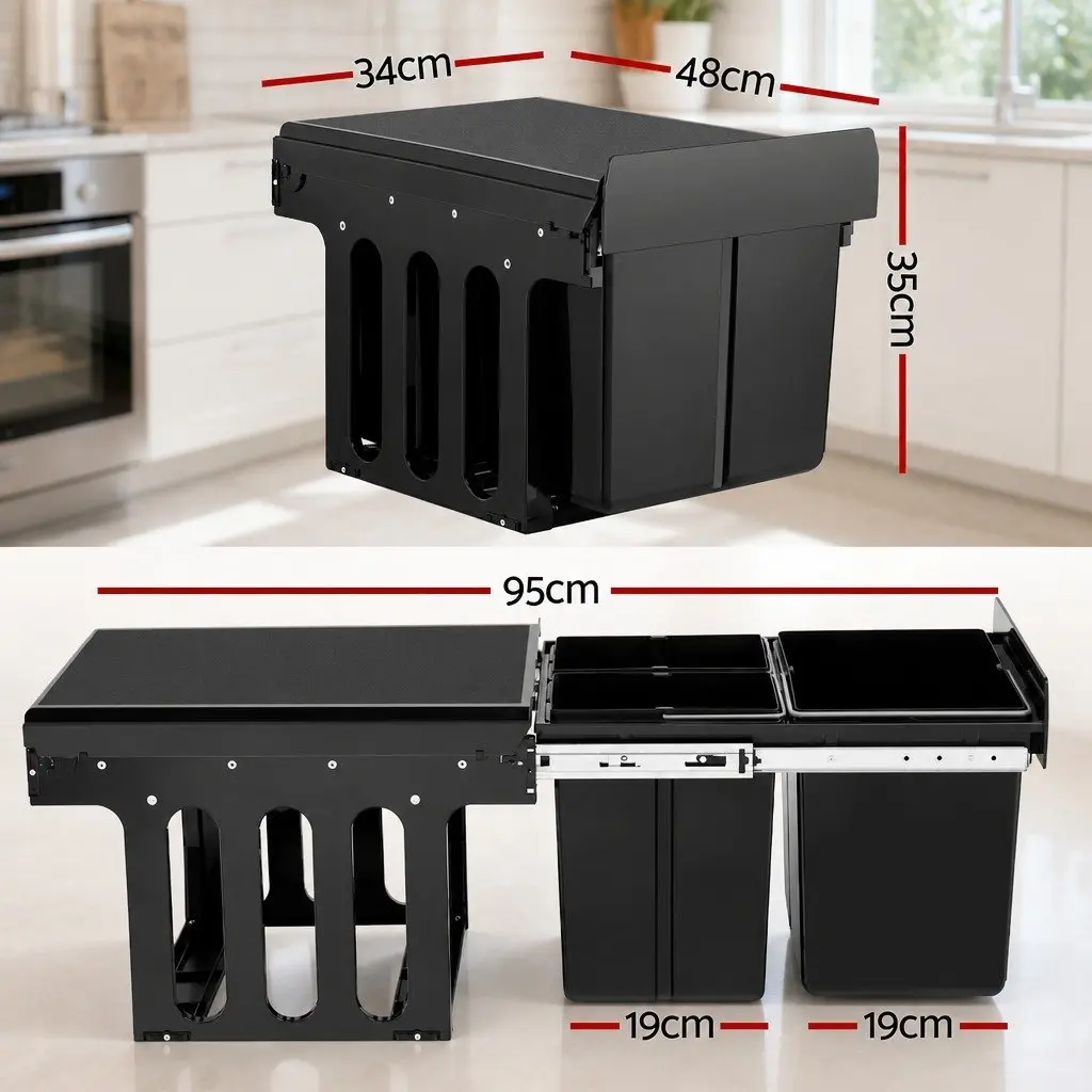 Pull Out Bin Kitchen Black 31L Triple Slide Garbage Rubbish Waste Basket