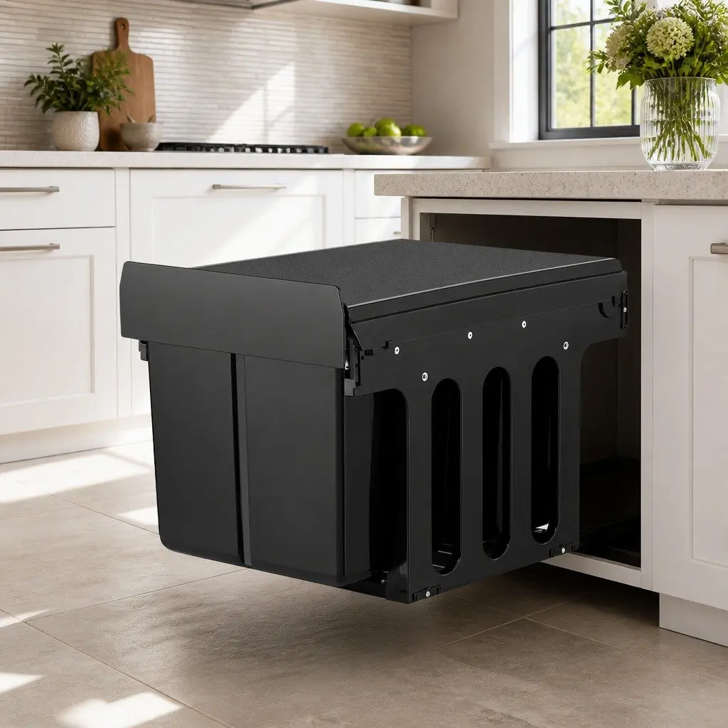 Pull Out Bin Kitchen Black 31L Triple Slide Garbage Rubbish Waste Basket