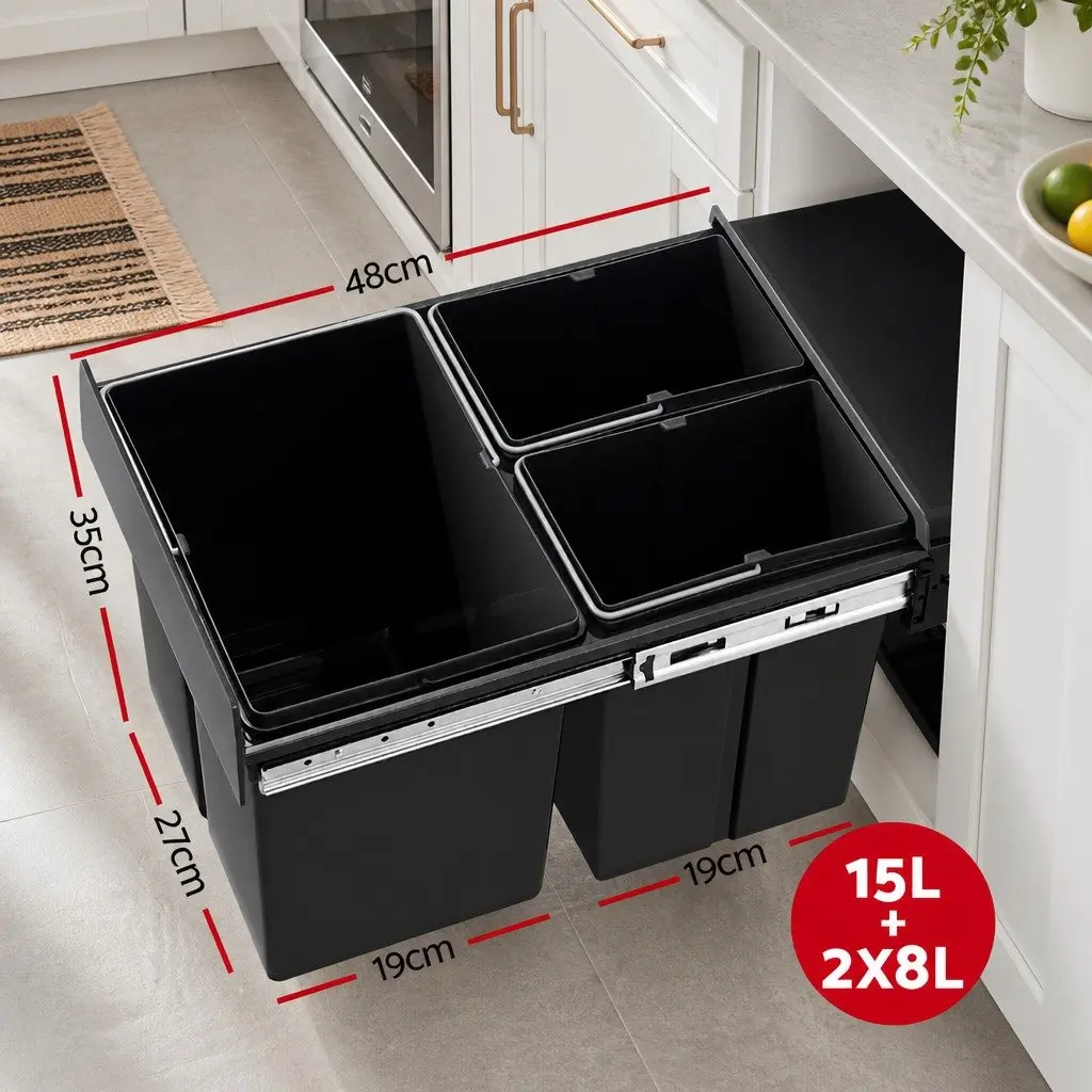 Pull Out Bin Kitchen Black 31L Triple Slide Garbage Rubbish Waste Basket