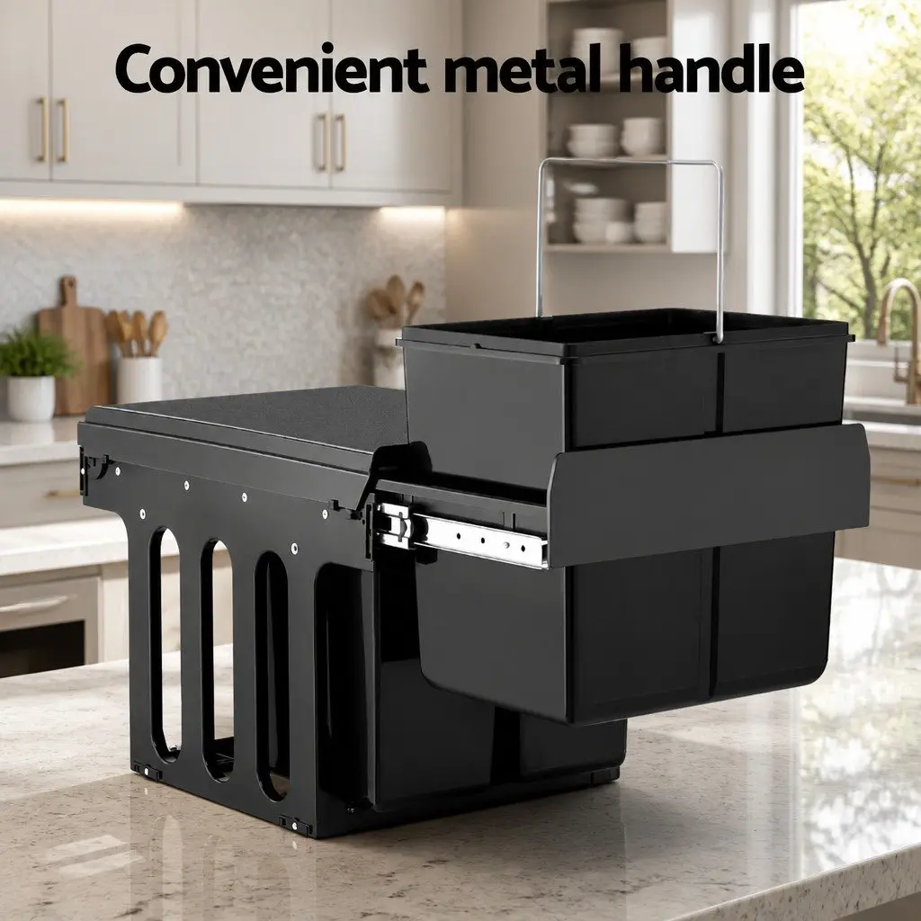 Pull Out Bin Kitchen Black 31L Triple Slide Garbage Rubbish Waste Basket