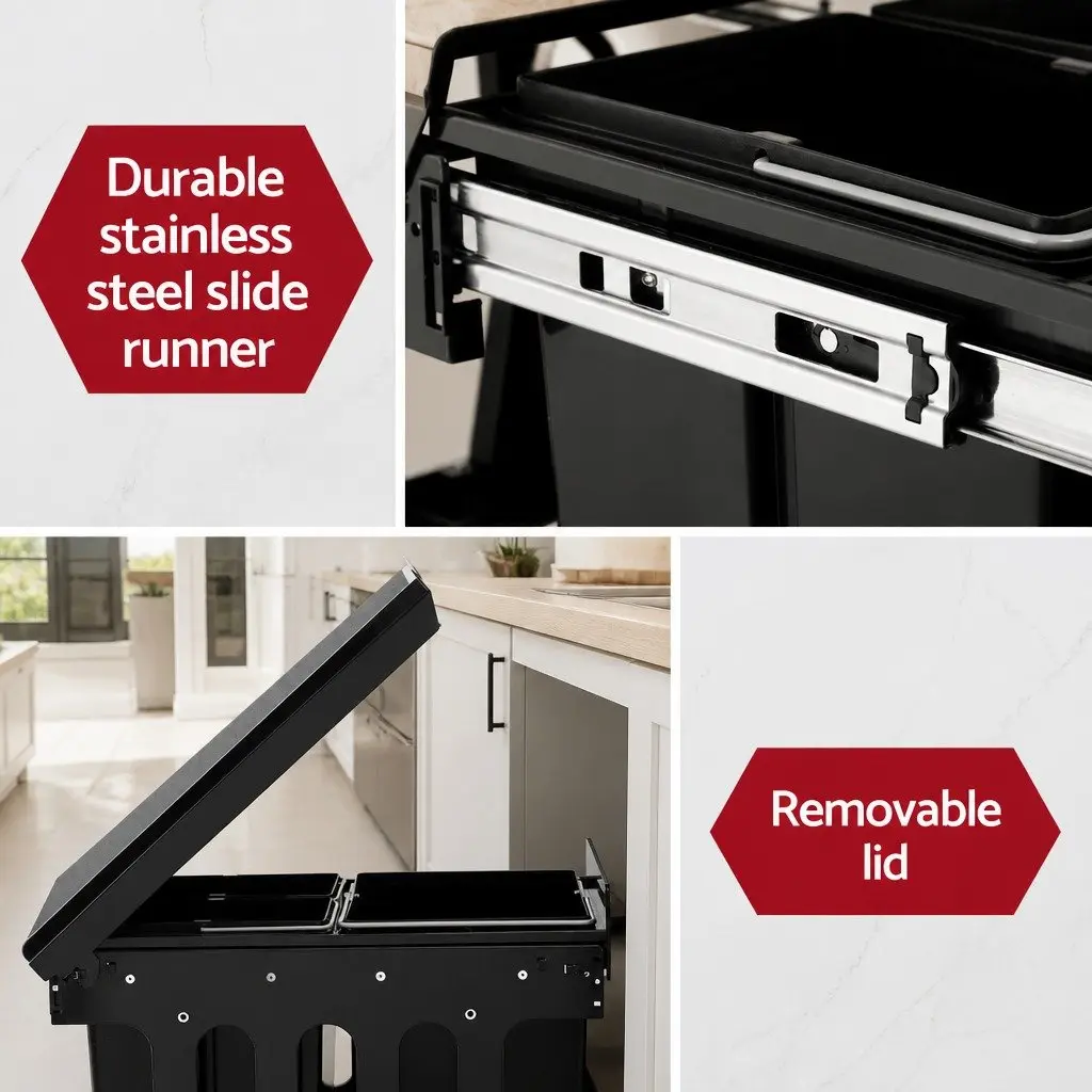 Pull Out Bin Kitchen Black 31L Triple Slide Garbage Rubbish Waste Basket