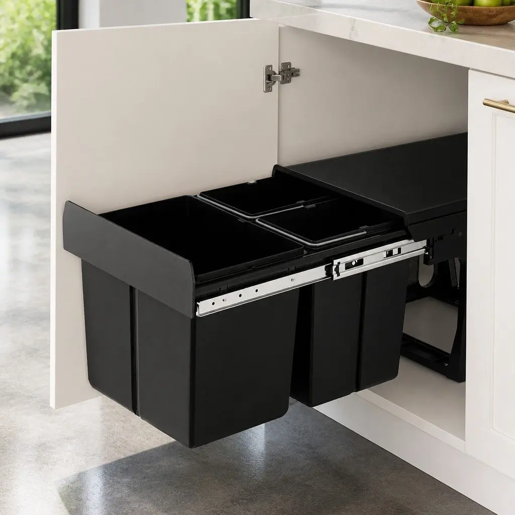 Pull Out Bin Kitchen Black 31L Triple Slide Garbage Rubbish Waste Basket