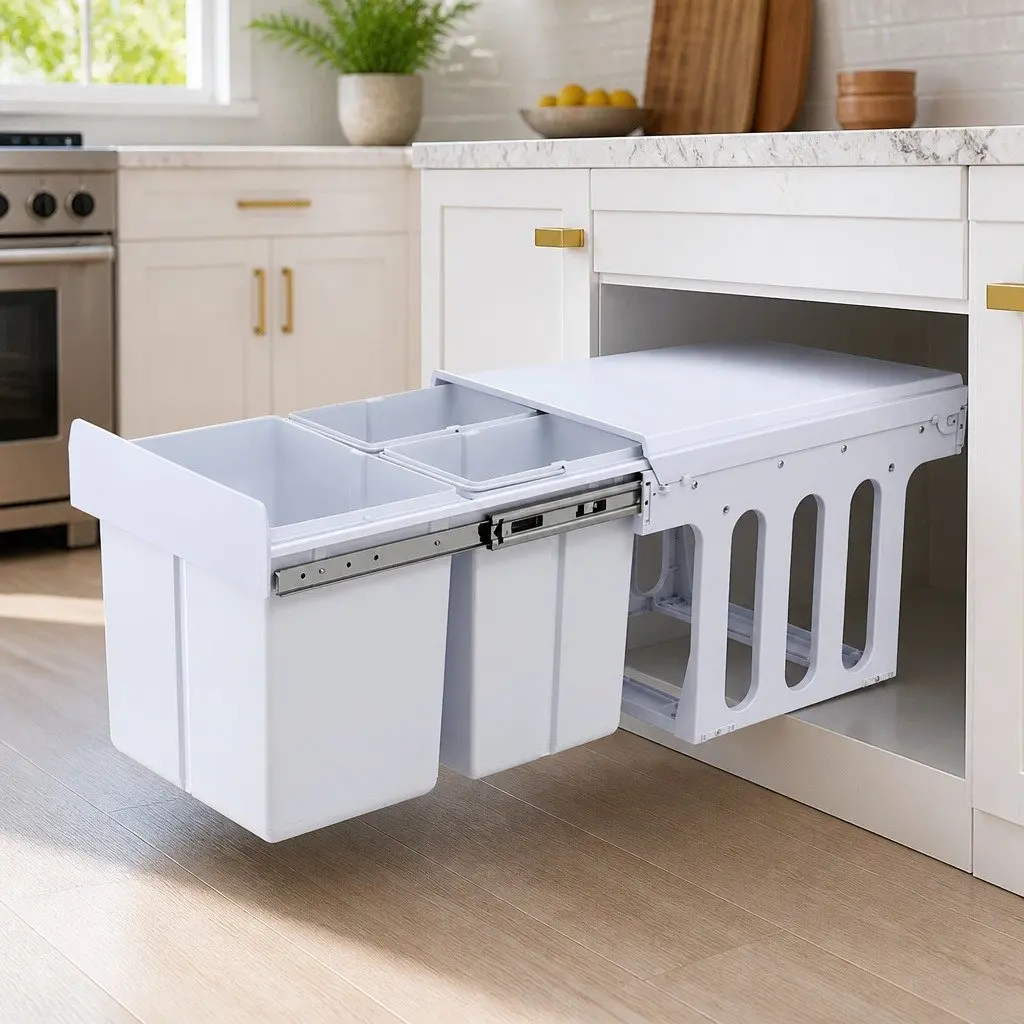 Pull Out Bin White 31L Triple Slide Garbage Waste Bins Cabinet Basket