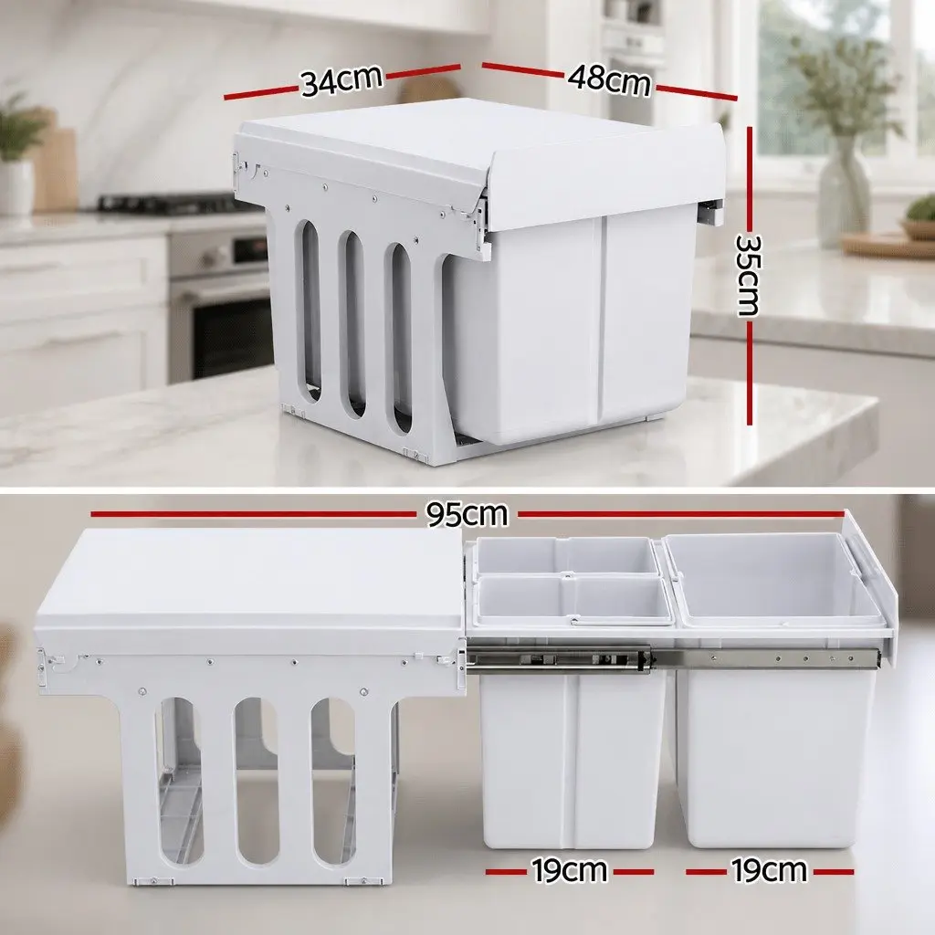 Pull Out Bin White 31L Triple Slide Garbage Waste Bins Cabinet Basket