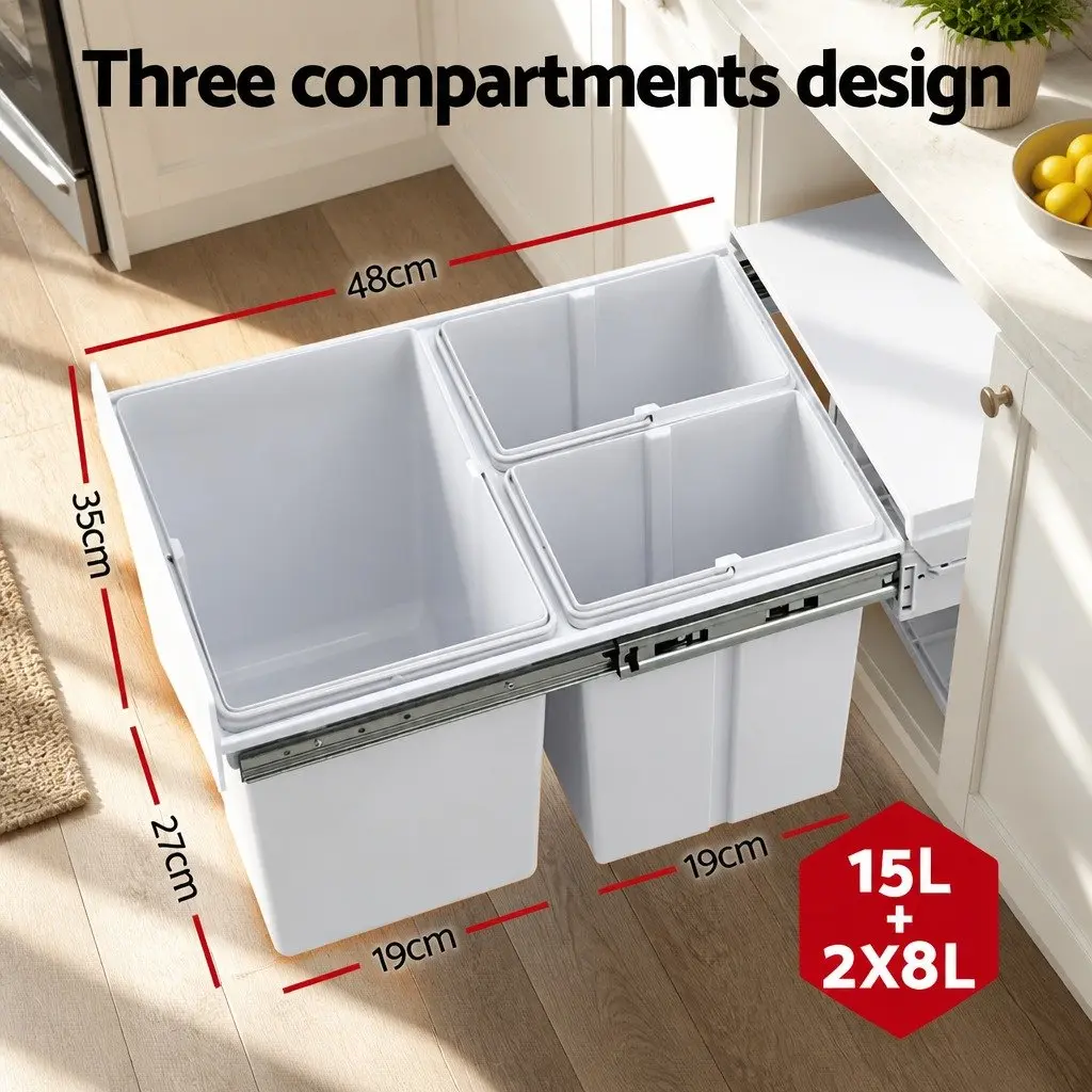 Pull Out Bin White 31L Triple Slide Garbage Waste Bins Cabinet Basket
