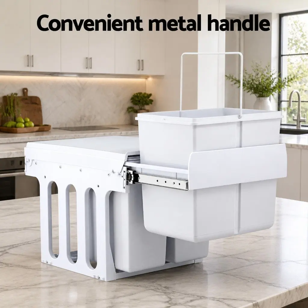 Pull Out Bin White 31L Triple Slide Garbage Waste Bins Cabinet Basket